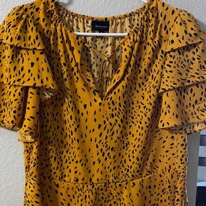 Who What Wear Mustard Yellow Ruffle Sleeve Blouse with Black Spot Print